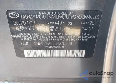 2018 Hyundai Sonata Se z USA, uszkodzony, nr VIN 5NPE24AF5JH678368